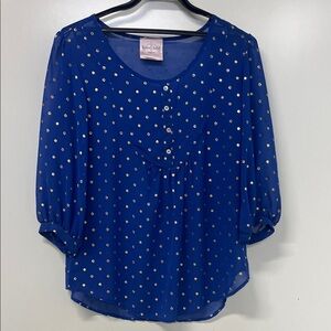Romeo & Juliet Couture Top Royal Blue With Metallic Gold Dots, Small, 3/4 Sleeve